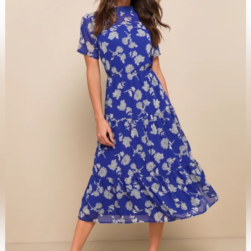 Lulus Floral Print Royal Blue Midi Dress XS/S - Picture 1 of 12